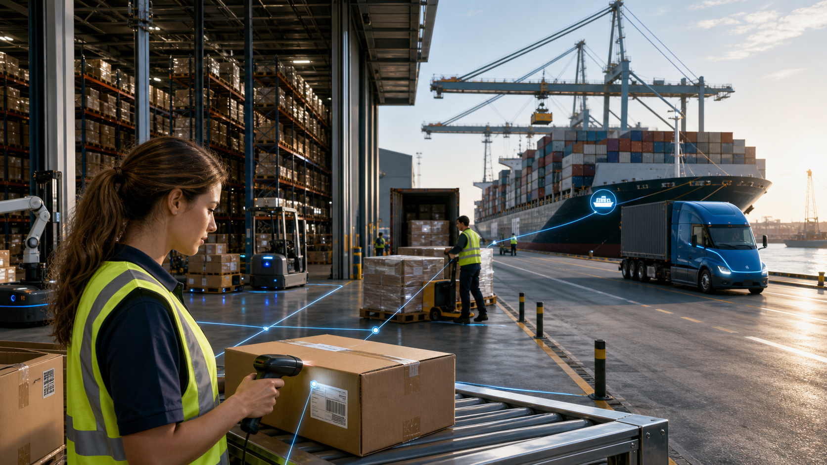 Supply-chain worker scanning a serialized package in a warehouse connected to freight, port cranes and container shipping